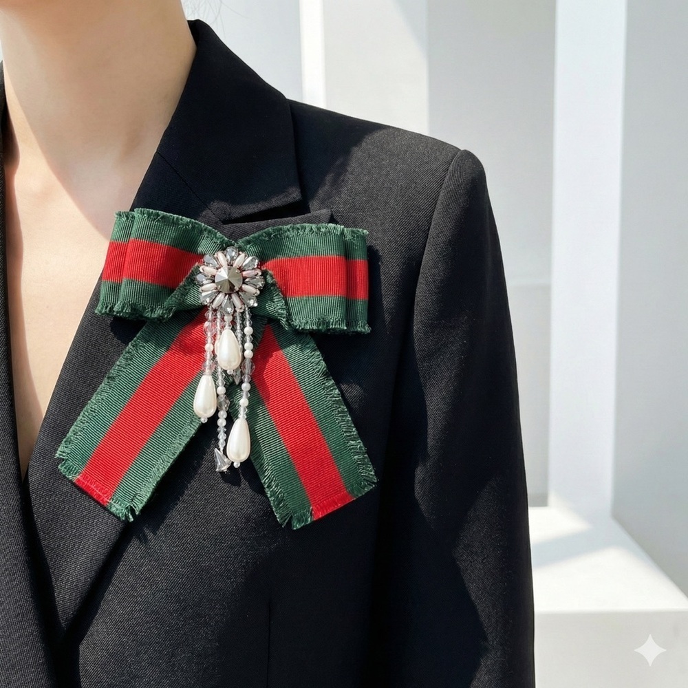 Gucci Green / Red Web Grosgrain Bow Brooch with Crystals & Pearls